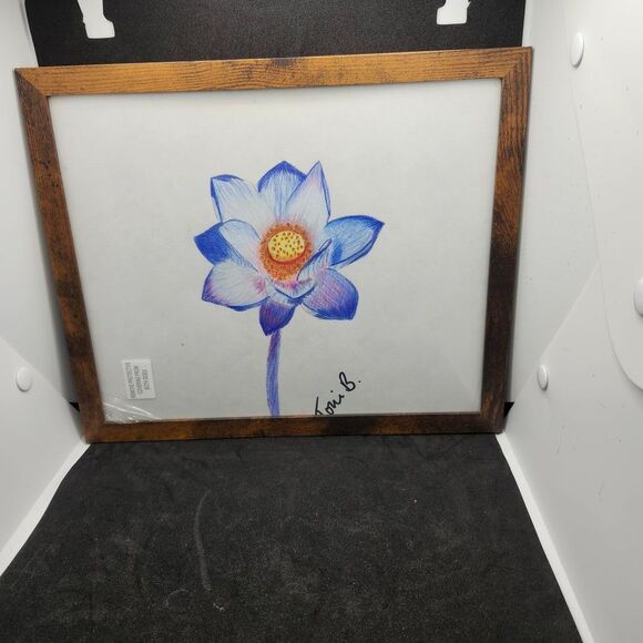 Hand Crafted Original Blue Floral Art   Framed Colored Pencil Drawing 12x10 - Picture 3 of 9